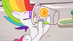 Size: 3410x1920 | Tagged: safe, imported from derpibooru, screencap, zipp storm, pegasus, pony, spoiler:g5, spoiler:my little pony: tell your tale, spoiler:tyts01e22, alternate hairstyle, cup, drink, drinking, eyes closed, female, g5, high res, mare, multicolored hair, my little pony: tell your tale, rainbow hair, smoothie, solo, youtube link, zipp's yes day