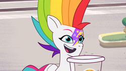 Size: 3410x1920 | Tagged: safe, imported from derpibooru, screencap, zipp storm, pegasus, pony, spoiler:g5, spoiler:my little pony: tell your tale, spoiler:tyts01e22, alternate hairstyle, cup, drink, female, g5, high res, mare, multicolored hair, my little pony: tell your tale, open mouth, open smile, rainbow hair, smiling, smoothie, solo, youtube link, zipp's yes day
