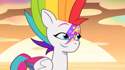 Size: 3410x1920 | Tagged: safe, imported from derpibooru, screencap, zipp storm, pegasus, pony, spoiler:g5, spoiler:my little pony: tell your tale, spoiler:tyts01e22, alternate hairstyle, beach, female, g5, high res, mare, multicolored hair, my little pony: tell your tale, rainbow hair, smiling, solo, sunset, youtube link, zipp's yes day