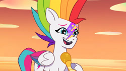 Size: 3410x1920 | Tagged: safe, imported from derpibooru, screencap, zipp storm, pegasus, pony, spoiler:g5, spoiler:my little pony: tell your tale, spoiler:tyts01e22, alternate hairstyle, beach, female, g5, high res, mare, microphone, multicolored hair, my little pony: tell your tale, open mouth, open smile, rainbow hair, smiling, solo, sparkly eyes, sunset, wingding eyes, youtube link, zipp's yes day