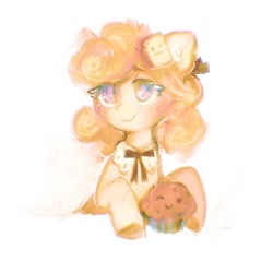 Size: 2000x2000 | Tagged: safe, artist:dearmary, imported from derpibooru, oc, oc only, earth pony, pony, bread, cupcake, female, food, half body, looking at you, mare, one eye closed, simple background, smiling, smiling at you, solo, toast, white background, wink