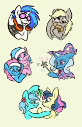 Size: 658x1024 | Tagged: safe, artist:ilcerbiastrello, imported from derpibooru, aloe, bon bon, derpy hooves, dj pon-3, lotus blossom, lyra heartstrings, sweetie drops, trixie, vinyl scratch, earth pony, pegasus, pony, unicorn, female, food, headphones, lesbian, lyrabon, magic wand, mare, mistleholly, muffin, record, shipping, simple background, spa twins, yellow background