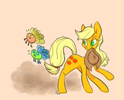 Size: 1024x824 | Tagged: safe, artist:ilcerbiastrello, imported from derpibooru, applejack, earth pony, parasprite, pony, applejack's hat, cowboy hat, female, hat, mare, orange background, simple background