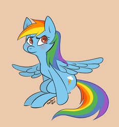 Size: 955x1024 | Tagged: safe, artist:ilcerbiastrello, imported from derpibooru, rainbow dash, pegasus, pony, female, mare, simple background, solo, tan background