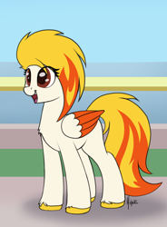 Size: 1254x1707 | Tagged: safe, artist:ponynamedmixtape, imported from derpibooru, pegasus, pony, female, finally, flare (g5), g4, g5, g5 to g4, generation leap, mare, smiling, solo