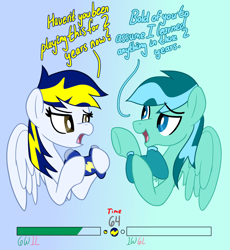 Size: 1740x1895 | Tagged: safe, artist:notadeliciouspotato, imported from derpibooru, oc, oc only, oc:huracata, oc:wavewind, pegasus, pony, bust, controller, dialogue, duo, female, gradient background, male, mare, open mouth, spread wings, stallion, text, wings