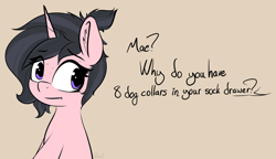 Size: 2356x1354 | Tagged: safe, artist:pinkberry, imported from derpibooru, oc, oc only, oc:mae (pinkberry), pony, unicorn, beige background, bust, dialogue, doodle, eye clipping through hair, eyebrows, eyebrows visible through hair, mae be a zooslut, offscreen character, simple background, solo, sweat, sweating profusely