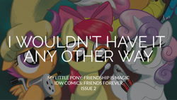 Size: 1280x720 | Tagged: safe, edit, editor:quoterific, idw, imported from derpibooru, apple bloom, discord, scootaloo, sweetie belle, draconequus, earth pony, pegasus, pony, unicorn, friends forever, spoiler:comic, apple bloom's bow, bow, cotton swab, cutie mark crusaders, female, filly, foal, hair bow, male, nutcracker, offscreen character, pencil sharpener, text, trio, trio female, trio focus