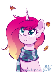 Size: 1326x1808 | Tagged: safe, artist:joellethenose, imported from derpibooru, oc, oc only, oc:cerise, pony, unicorn, autumn, bust, clothes, female, leaves, mare, scarf, simple background, solo, striped scarf, white background