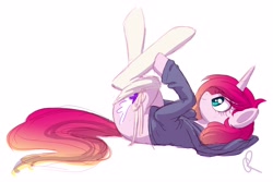 Size: 3895x2595 | Tagged: safe, artist:joellethenose, imported from derpibooru, oc, oc only, oc:cerise, pony, unicorn, 2019, clothes, female, high res, hoodie, lying down, mare, old art, on back, simple background, sketch, socks, solo, white background