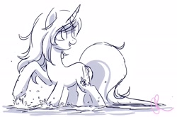 Size: 3128x2060 | Tagged: safe, artist:joellethenose, imported from derpibooru, oc, oc only, oc:cerise, pony, unicorn, 2019, female, mare, monochrome, old art, open mouth, open smile, sketch, smiling, solo, splashing, water
