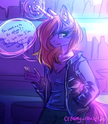 Size: 2000x2300 | Tagged: safe, artist:joellethenose, imported from derpibooru, oc, oc only, oc:cerise, anthro, unicorn, 2020, bar, clothes, female, high res, jacket, magic, old art, solo, speech bubble, unamused