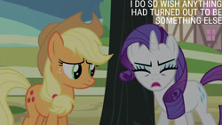 Size: 1280x720 | Tagged: safe, edit, edited screencap, editor:quoterific, imported from derpibooru, screencap, applejack, rarity, earth pony, pony, unicorn, season 4, three's a crowd, applejack's hat, cowboy hat, duo, duo female, eyes closed, female, hat, mare, open mouth, stetson, text