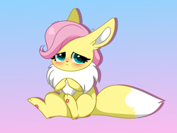 Size: 4409x3314 | Tagged: safe, artist:kittyrosie, imported from derpibooru, part of a set, fluttershy, eevee, blushing, cute, daaaaaaaaaaaw, drop shadow, gradient background, high res, kittyrosie is trying to murder us, looking at you, paw pads, pokefied, pokémon, shy, shyabetes, sitting, solo, species swap, weapons-grade cute