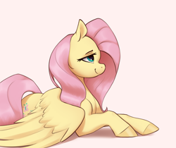 Size: 3585x3005 | Tagged: safe, artist:aquaticvibes, imported from derpibooru, fluttershy, pegasus, pony, beige background, female, high res, lying down, mare, profile, prone, simple background, smiling, solo, spread wings, wings