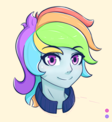 Size: 2324x2550 | Tagged: artist needed, safe, artist:figs, imported from derpibooru, rainbow dash, human, bust, eye clipping through hair, eyebrows, eyebrows visible through hair, female, high res, humanized, looking at you, simple background, smiling, smiling at you, solo, yellow background