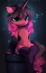 Size: 2310x3666 | Tagged: safe, artist:magnaluna, imported from derpibooru, oc, oc only, oc:garnet midnight, pony, semi-anthro, unicorn, :>, belly button, bokeh, chest fluff, clothes, colored ear fluff, ear fluff, ear tufts, eye clipping through hair, eyebrows, eyebrows visible through hair, female, full body, gradient mane, gradient tail, jacket, mare, pink coat, sitting, solo, stockings, tail, thigh highs