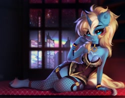 Size: 3020x2363 | Tagged: safe, artist:shenki, imported from derpibooru, oc, oc only, oc:maple parapet, anthro, unguligrade anthro, unicorn, city, clothes, collar, cuffs, fishnets, solo, window