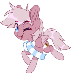 Size: 1836x1928 | Tagged: safe, artist:silkensaddle, imported from derpibooru, oc, oc only, oc:pastel dawn, pegasus, pony, chibi, clothes, cute, male, one eye closed, scarf, simple background, solo, stallion, striped scarf, transparent background, wink