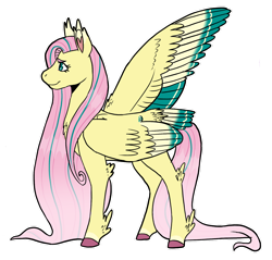 Size: 1280x1224 | Tagged: safe, artist:aspen--trees, imported from derpibooru, fluttershy, pegasus, pony, chest fluff, colored ear fluff, colored hooves, colored wings, colored wingtips, elbow fluff, feathered fetlocks, female, mare, multicolored wings, one wing out, outline, profile, simple background, smiling, solo, standing, tail, tail feathers, transparent background, white outline, wings