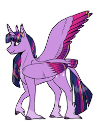 Size: 1280x1621 | Tagged: safe, artist:aspen--trees, imported from derpibooru, twilight sparkle, alicorn, pony, colored wings, female, long feather, mare, multicolored wings, one wing out, simple background, solo, tail, tail feathers, transparent background, twilight sparkle (alicorn), unshorn fetlocks, wings