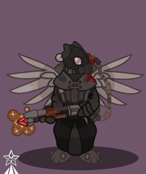Size: 4245x5021 | Tagged: safe, artist:devorierdeos, imported from derpibooru, oc, oc only, griffon, fallout equestria, flame trooper, flamethrower, gas mask, heavy weapons guy, magic weapon, mask, overcoat, red eye army, simple background, spread wings, weapon, wings