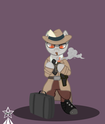 Size: 4245x5021 | Tagged: safe, artist:devorierdeos, imported from derpibooru, oc, oc only, earth pony, fallout equestria, bipedal, cigarette, clothes, detective, gun, handgun, hat, holster, necktie, pistol, simple background, smoking, suitcase, trenchcoat, zippo