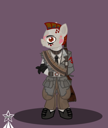 Size: 4245x5021 | Tagged: safe, artist:devorierdeos, imported from derpibooru, oc, oc only, earth pony, fallout equestria, bipedal, clothes, dyed hair, gun, machine gun belt, military uniform, mohawk, mosin nagant, officer, red eye army, rifle, simple background, slaver, torn clothes, ulcers, uniform, weapon