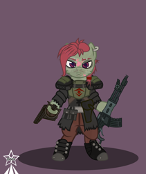 Size: 4245x5021 | Tagged: safe, artist:devorierdeos, imported from derpibooru, oc, oc only, earth pony, pony, fallout equestria, armor, assault rifle, belt kit, bipedal, ear piercing, earth pony oc, gun, handgun, hoof hold, piercing, pistol, raider, red eye army, rifle, scrunchie, shoulder armor, simple background, ulcers, weapon