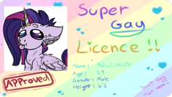 Size: 1195x679 | Tagged: safe, artist:beamybutt, imported from derpibooru, oc, oc only, alicorn, pony, :p, alicorn oc, commission, ear fluff, floppy ears, horn, horn jewelry, id card, jewelry, license, solo, tongue out, wings, ych result