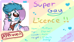 Size: 1195x679 | Tagged: safe, artist:beamybutt, imported from derpibooru, oc, oc only, dog, dog pony, original species, :p, commission, ear fluff, floppy ears, heterochromia, id card, license, neckerchief, solo, tongue out, ych result