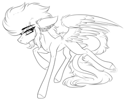 Size: 2905x2309 | Tagged: safe, artist:beamybutt, imported from derpibooru, oc, oc only, pegasus, pony, :p, ear fluff, floppy ears, lineart, male, monochrome, pegasus oc, raised hoof, simple background, solo, stallion, tongue out, white background, wings