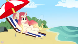 Size: 1280x720 | Tagged: safe, artist:lovinglypromise, imported from derpibooru, oc, oc only, oc:sonnet eventide, pony, unicorn, beach, female, mare, solo