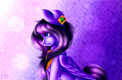 Size: 2295x1500 | Tagged: safe, artist:prettyshinegp, imported from derpibooru, oc, oc only, pegasus, pony, abstract background, ear piercing, female, mare, pegasus oc, peytral, piercing, smiling, solo, wings
