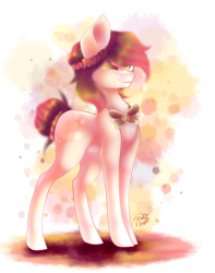 Size: 1109x1405 | Tagged: safe, artist:prettyshinegp, imported from derpibooru, oc, oc only, earth pony, pony, bowtie, earth pony oc, female, laurel wreath, mare, one eye closed, signature, simple background, smiling, solo, transparent background, wink