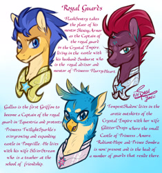 Size: 3293x3509 | Tagged: safe, artist:snowballflo, imported from derpibooru, flash sentry, gallus, tempest shadow, griffon, pegasus, pony, unicorn, broken horn, bust, eyelashes, female, frown, gay, horn, implied flashburst, implied gallstream, implied glitter drops, implied glittershadow, implied shipping, implied silverstream, implied straight, implied sunburst, lesbian, male, mare, signature, smiling, stallion, straight