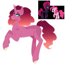 Size: 1800x1800 | Tagged: safe, artist:purplegrim40, imported from derpibooru, pinkie pie, tempest shadow, oc, earth pony, pony, unicorn, bedr, bedroom eyes, colored hooves, horn, magical lesbian spawn, offspring, parent:pinkie pie, parent:tempest shadow, parents:tempestpie, simple background, transparent background, unicorn oc