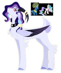 Size: 1461x1748 | Tagged: safe, artist:purplegrim40, imported from derpibooru, oc, alicorn, goat, pony, choker, colored wings, female, glowing, glowing horn, horn, horns, interspecies offspring, male, mare, offspring, parent:grogar, parent:princess celestia, simple background, spiked choker, transparent background, two toned wings, wings