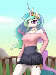 Size: 3000x4000 | Tagged: safe, artist:naen, imported from derpibooru, princess celestia, alicorn, anthro, plantigrade anthro, bra, candy, clothes, crown, ear piercing, earring, female, food, happy, jewelry, lollipop, mare, miniskirt, mountain, off shoulder, off shoulder sweater, piercing, pleated skirt, regalia, ring, scenery, skirt, smiling, solo, sweater, underwear, wingless, wingless anthro