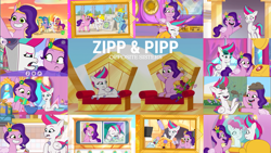 Size: 1969x1107 | Tagged: safe, edit, edited screencap, editor:quoterific, imported from derpibooru, screencap, hitch trailblazer, izzy moonbow, pipp petals, sunny starscout, zipp storm, earth pony, pegasus, pony, unicorn, spoiler:g5, spoiler:my little pony: tell your tale, spoiler:tyts01e02, spoiler:tyts01e03, spoiler:tyts01e05, spoiler:tyts01e12, spoiler:tyts01e15, spoiler:tyts01e17, spoiler:tyts01e22, alternate hairstyle, beach, blanket, blushing, bouquet, bucket, cellphone, clothes, dirt, drool, female, flower, frown, g5, grin, hair styling, hard hat, hat, headband, heart, hoof on chest, jewelry, looking at each other, looking at someone, making a foal of me, mane five (g5), mane melody, mare, microphone, multicolored hair, my little pony: tell your tale, nervous, nervous grin, offscreen character, open mouth, open smile, phone, queens for a day, rainbow hair, regalia, royal sisters (g5), selfie, siblings, sisters, sisters take flight, sleeping, smartphone, smiling, spoon, sunglasses, sunset, the game is ahoof, throne, zipp's flight school, zipp's yes day