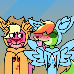 Size: 1280x1280 | Tagged: source needed, safe, artist:bluedeerfox14, imported from derpibooru, applejack, rainbow dash, oc, anthro, big cat, dog, blushing, canon x oc, clothes, duo, duo male, fake wings, hanna barbera, hoodie, jellystone (hbo max), male, shipping