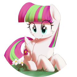 Size: 2572x2572 | Tagged: safe, artist:thebatfang, imported from derpibooru, blossomforth, pegasus, pony, circle background, cute, eye clipping through hair, eyelashes, female, flower, folded wings, freckles, lying down, mare, prone, smiling, solo, wings