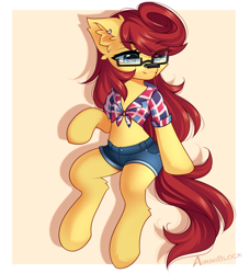 Size: 1264x1387 | Tagged: safe, artist:airiniblock, imported from derpibooru, oc, oc only, oc:golden, pony, clothes, commission, cute, denim shorts, ear fluff, ear piercing, earring, eye clipping through hair, eyebrows, eyebrows visible through hair, flash drive, front knot midriff, glasses, jewelry, midriff, piercing, rcf community, shirt, shorts, solo