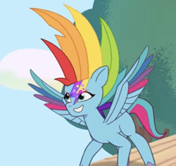 Size: 673x635 | Tagged: safe, edit, edited screencap, editor:torpy, imported from derpibooru, screencap, rainbow dash, zipp storm, pegasus, pony, spoiler:g5, spoiler:my little pony: tell your tale, spoiler:tyts01e22, alternate hairstyle, female, g5, mare, multicolored hair, my little pony: tell your tale, rainbow hair, solo, zipp's yes day