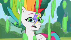 Size: 1280x720 | Tagged: safe, color edit, edit, edited screencap, imported from derpibooru, screencap, zipp storm, pegasus, pony, spoiler:g5, spoiler:my little pony: tell your tale, spoiler:tyts01e22, alternate hairstyle, animated, colored, female, g5, gif, glitter, glitter slime, mare, multicolored hair, my little pony: tell your tale, open mouth, open smile, rainbow hair, slime, smiling, solo, zipp's yes day