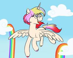 Size: 1280x1020 | Tagged: safe, artist:fuckomcfuck, imported from derpibooru, oc, oc only, oc:mythic, alicorn, pony, alicorn oc, cloud, feathered wings, flying, heterochromia, horn, male, no pupils, open mouth, open smile, rainbow, smiling, solo, spread wings, wings