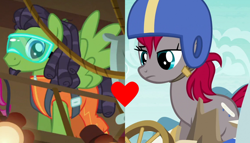 Size: 1464x836 | Tagged: safe, edit, edited screencap, imported from derpibooru, screencap, crimson skate, geronimo, scootaloo, earth pony, pegasus, pony, on your marks, the cart before the ponies, clothes, dreadlocks, facial hair, female, goatee, goggles, harness, heart, helmet, jumpsuit, male, shipping, shipping domino, skateonimo, straight, tack, unamused, wreckage