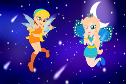 Size: 3000x2000 | Tagged: safe, artist:heidi-sky-blues, artist:user15432, artist:yaya54320bases, imported from derpibooru, fairy, human, equestria girls, barely eqg related, base used, belly button, blue dress, blue wings, boots, bracelet, clothes, crossover, crown, dress, duo, ear piercing, earring, equestria girls style, equestria girls-ified, fairy princess, fairy wings, fairyized, flying, headband, high heel boots, high heels, jewelry, looking at you, magic winx, moon, night, open mouth, piercing, pigtails, pointing at you, princess rosalina, regalia, rosalina, shoes, shooting star, shorts, sky, sparkly wings, stars, stella (winx club), super mario bros., wings, winx, winx club, winxified, wristband