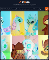 Size: 760x926 | Tagged: safe, imported from derpibooru, gallus, ocellus, sandbar, silverstream, smolder, yona, changedling, changeling, classical hippogriff, dragon, earth pony, griffon, hippogriff, pony, yak, ai content, ai generated, animal crossing, generator:craiyon, student six