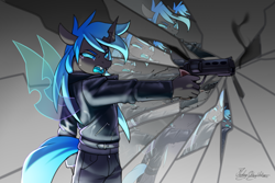 Size: 3000x2000 | Tagged: safe, artist:jedayskayvoker, imported from derpibooru, oc, oc only, oc:kryostasis, anthro, changeling, pony, angry, blue changeling, changeling oc, clothes, colored sketch, cracks, crying, denim, eyebrows, fangs, gun, handgun, horn, jacket, jeans, leather, leather jacket, male, pants, revolver, sketch, solo, spread wings, stallion, tears of pain, teary eyes, weapon, wings